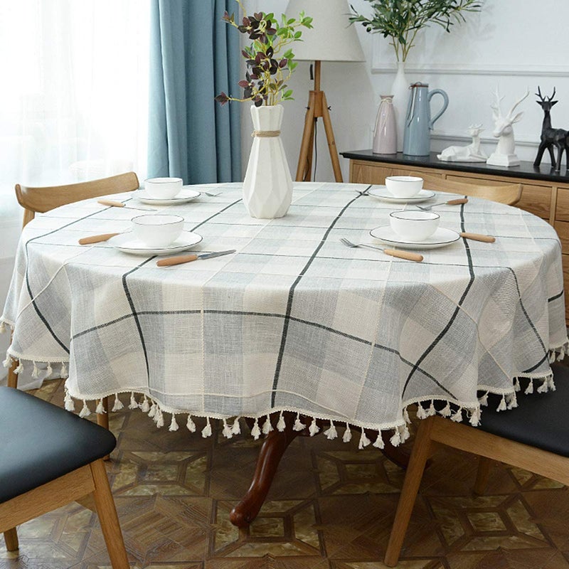 Dimatic Heavy Weight Cotton Linen Tablecloth, Plaid Tassel Round Table Cover for Kitchen Dining Room Tabletop Decorations, Round - 78", Grey Check - Image 2